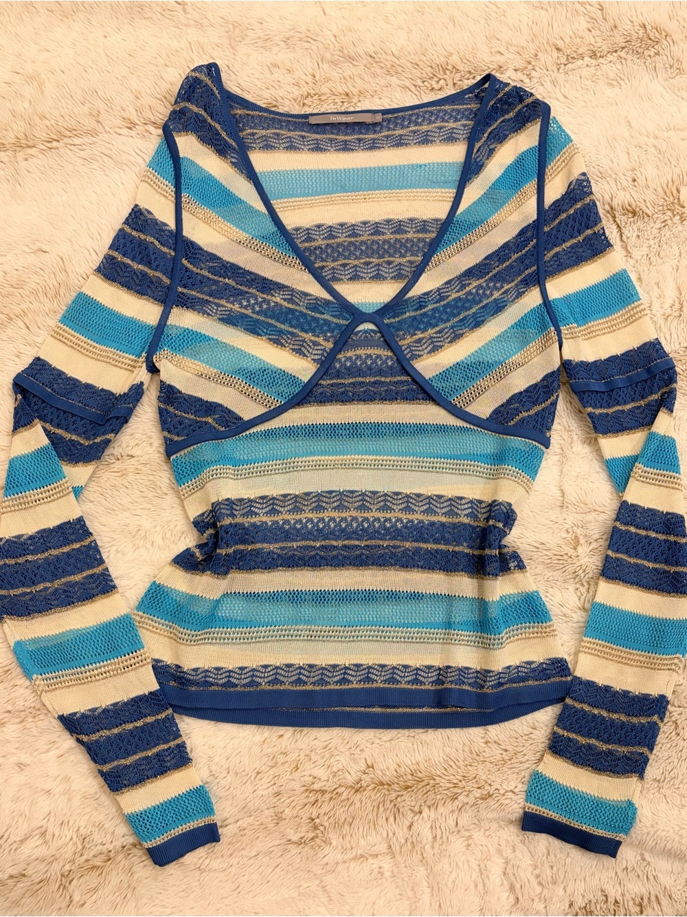 💙 InWear Denmark Blue Metallic Knit Crochet Sweater Top Metallic Y2K Boho Euro